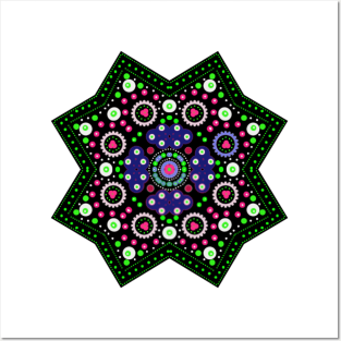 Eight-Pointed Star Mandala Green-Pink-Purple-White Posters and Art